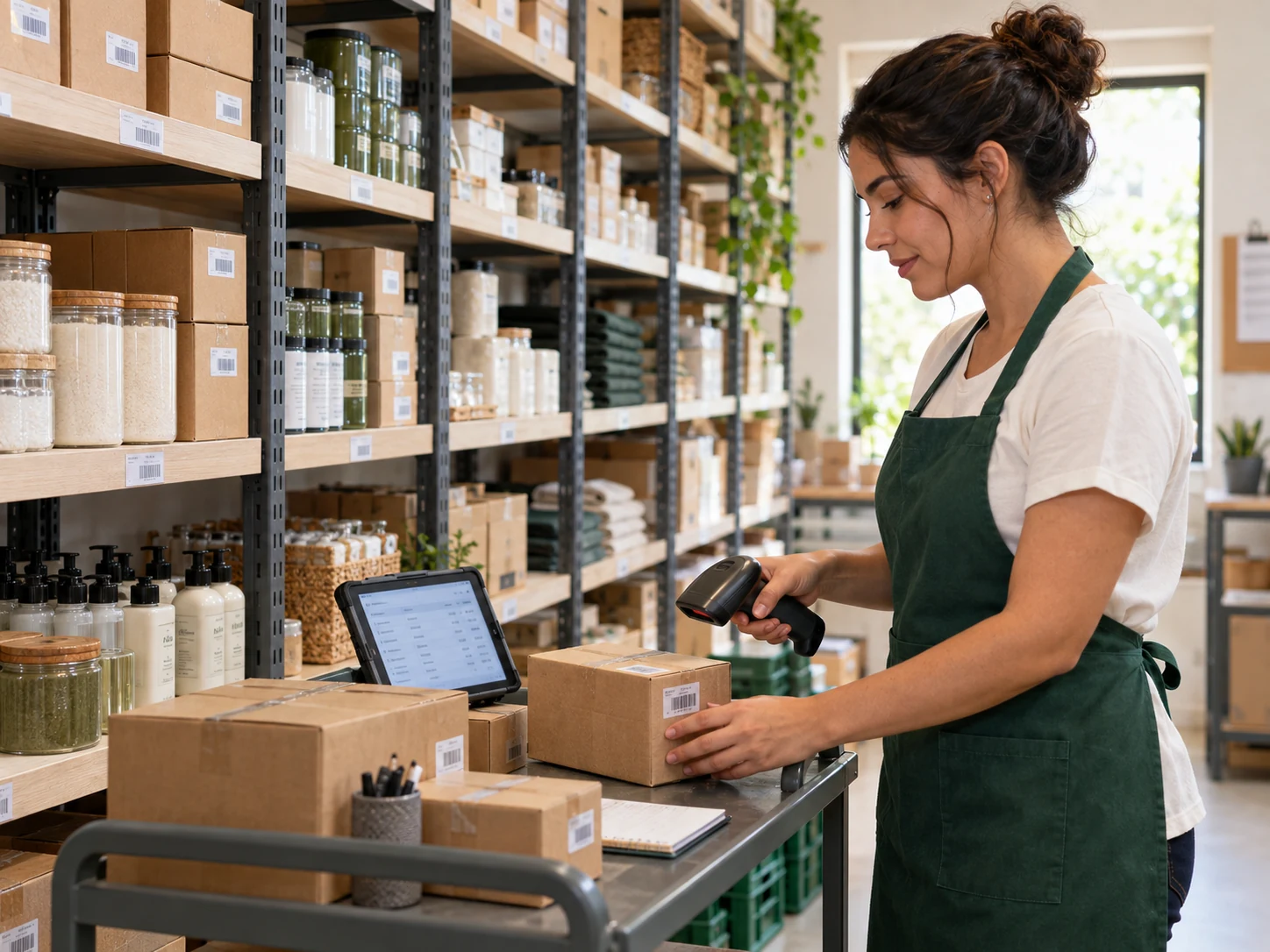 Empreendedora conferindo mercadorias com leitor de código de barras em um estoque organizado