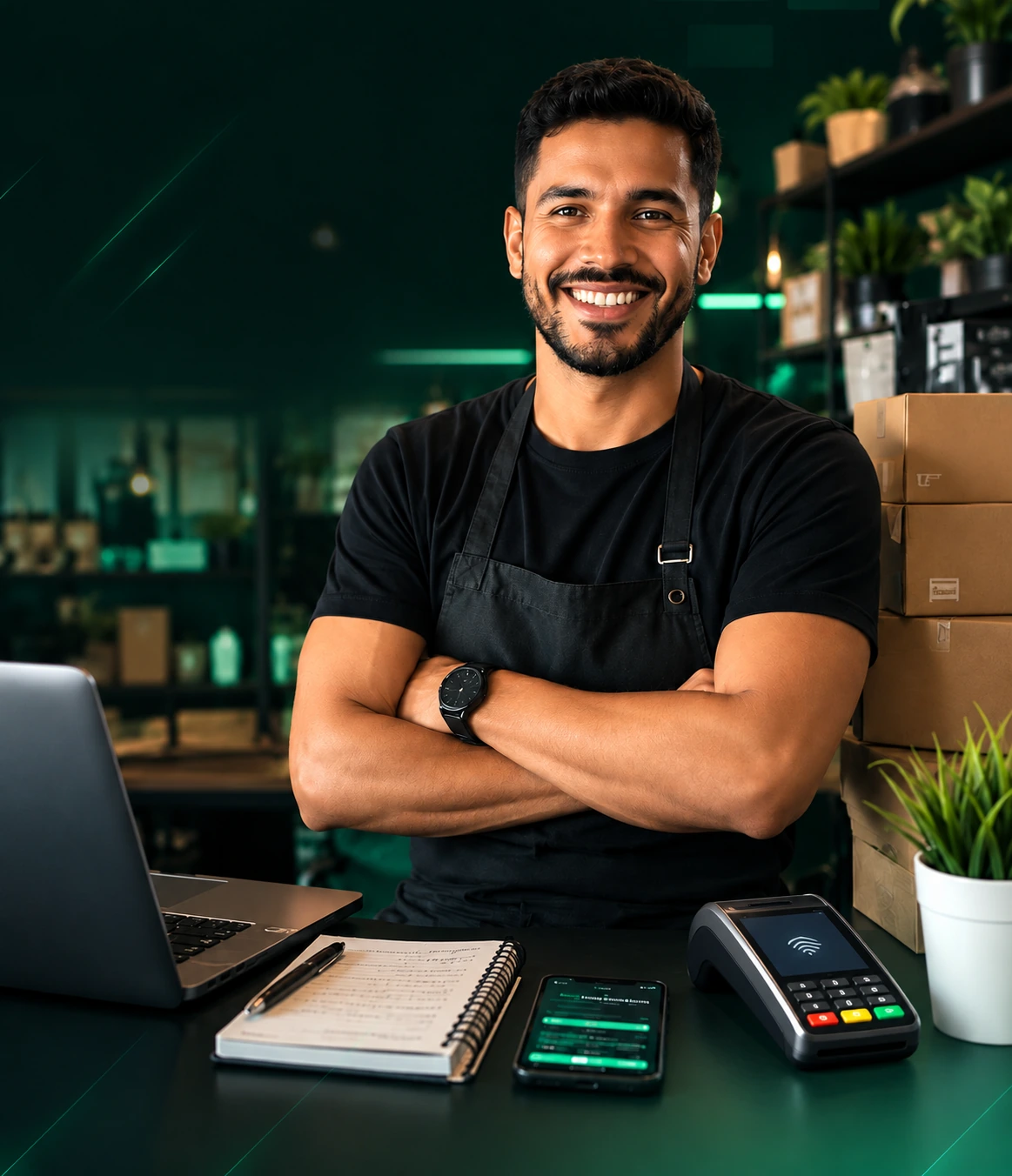 Microempreendedor em sua loja, com mercadorias e equipamentos de venda